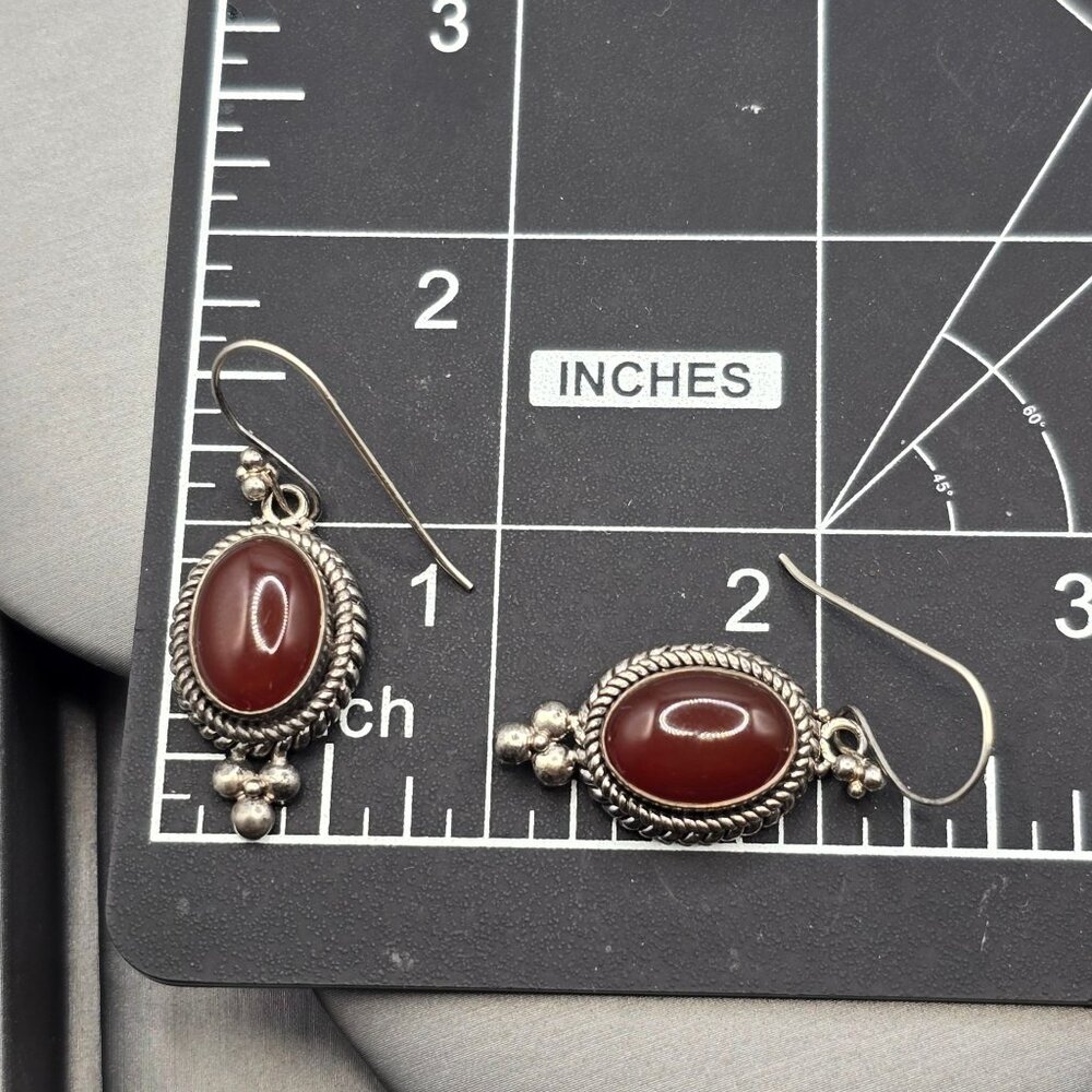 Sterling Silver Carnelian Dangle Earrings 1.5" Rope Accent Signed BA Drop Style - Picture 6 of 7